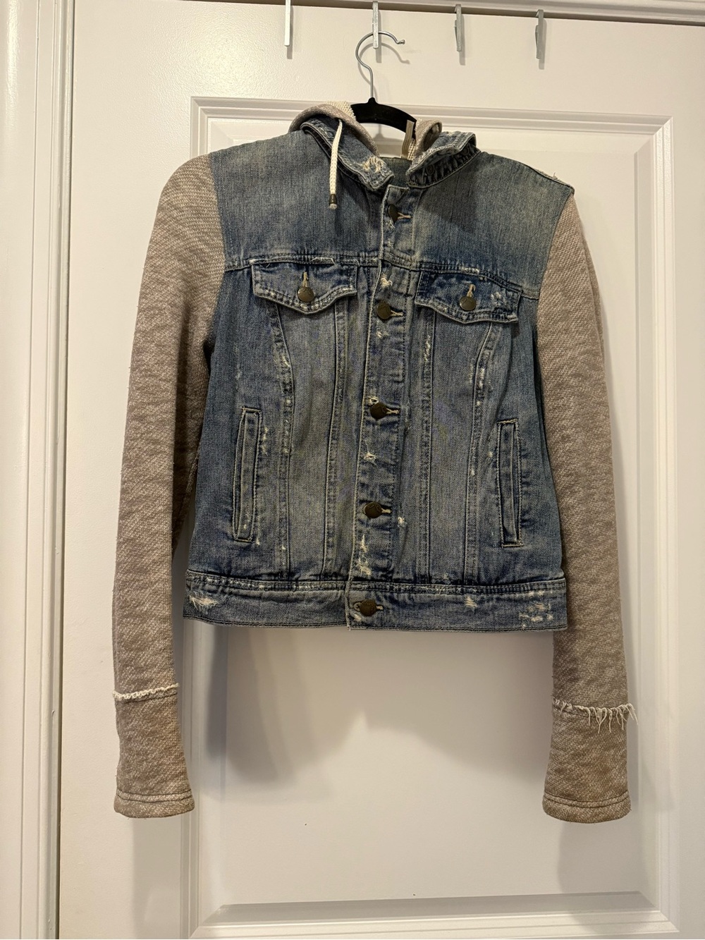 Free People Blue Denim Jacket with Beige Knit Sleeves and Hood
